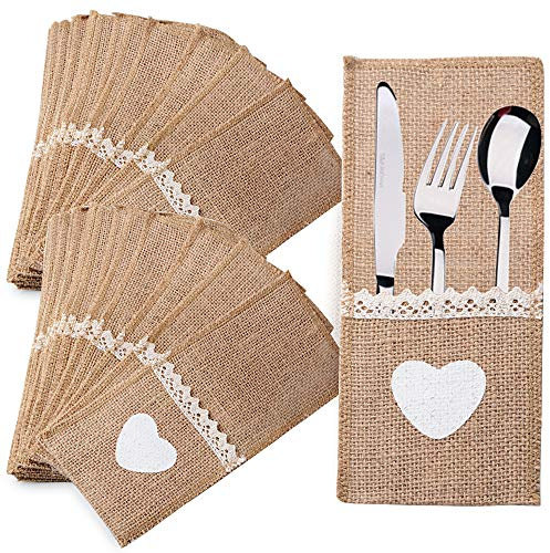 40pcs Porte-Couvert en Toile Jute et Dentelle Sac à Couteaux Table Pochette Poche à Couverts Accessoire de Vaisselle Fournitures Décoration de Table Vintage pour Soirée Repas Fête Mariage 11*21cm