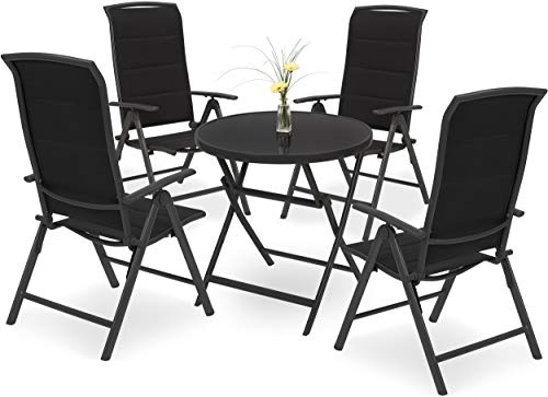 BRUBAKER Garten Sitzgruppe Milano - 1 Glastisch Klapptisch rund 70 cm Ø mit 4 Hochlehner Stühlen - Aluminium - Wetterfest - Anthrazit
