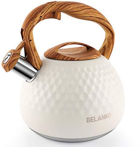 BELANKO 2.7 Quart Tea Kettle for Stovetop - Food Grade Stainless Steel with Diamond Texture, Designer Teapot Look, Cool-Touch Wood Pattern Handle, Whistling Spout - Milk White