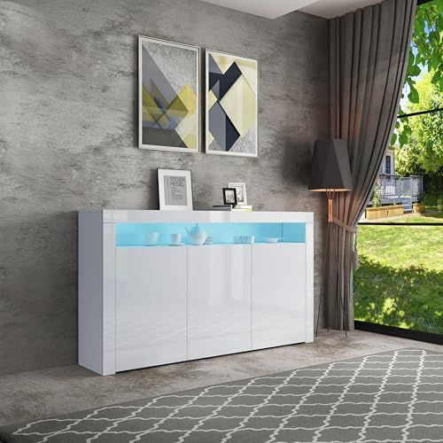 Senvoziii LED Sideboard Storage Cabinet Cupboard Unit 3 Doors with Open Case High Gloss TV Stand Unit for Dining Room Living Room (White)