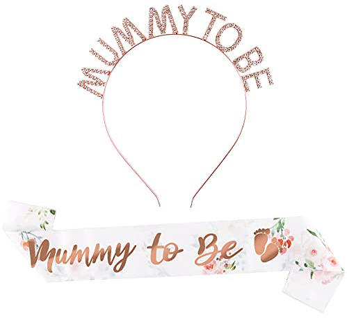 BETESSIN Echarpe Mummy to be Couronne Future Maman Diadème Tiare Princesse Bandeau Serre-Tête Bande Satin Sash Ruban en Polyester Ceinture Décoration Party Baby Shower Baptême (Rose)