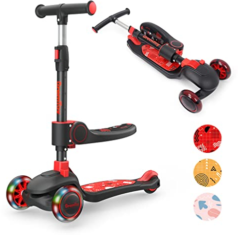 BremToy Kinderroller mit Sitz, Kinder Roller mit Stufenlos Verstellbarer Lenker, Tretroller mit PU Rädern, Faltbarer Kinder Roller für Kinder 1–8 Jahren, Rot