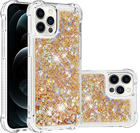 IMIRST Silicone Phone Case for Apple iPhone 12 Pro, Corner Airbag Fall Protection Bling Glitter Quicksand Liquid Sparkle TPU Case Cover for Apple iPhone 12 Pro. YBW Love Gold