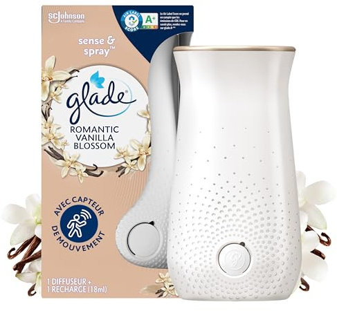 Glade Sense et Spray Diffuseur à Détection de Mouvement - Infusé Aux Huiles Essentielles - Jusqu'à 2 Mois de Parfum - Romantic Vanilla Blossom - 1 Diffuseur et 1 Recharge