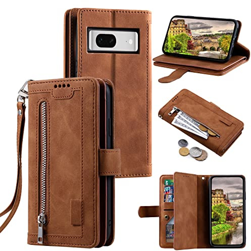 EYZUTAK Handyhülle für Google Pixel 7 Pro Hülle,Flip Case Lederhülle Reißverschluss Magnetverschluss Brieftasche mit 9 Kartenfächern Standfuntion Retro Matt Ledertasche für Google 7 Pro-Braun