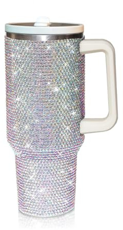 cuteolivia Trinkbecher mit Strassbesatz, Trinkhalm und Deckel, isoliert, Edelstahl, doppellagig, für Damen, wiederverwendbar, Reise-Kaffeetasse (1200 ml), Weiß AB