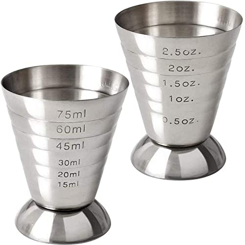 Misurino in vetro in acciaio inox, 2,5 oz, 75 ml, 5 cucchiai, cocktail jigger, confezione da 2
