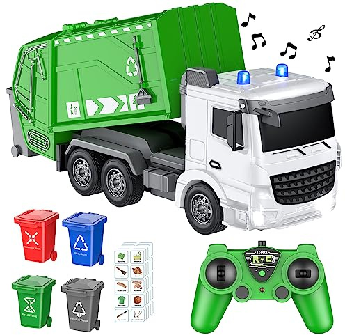 CALEST 2.4Ghz RC Garbage Truck with 4 Trash Cans, 6 Channel Remote Control, Waste Management Toy, 100pcs Garbage Sorting Cards, Boys 3+