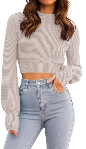 ZESICA Women's Spring Mock Neck Cropped Sweaters 2026 Long Sleeve Soft Ribbed Knit Pullover Jumper Tops Sand Large