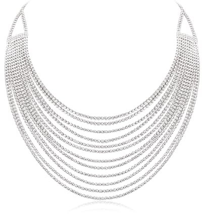 EVER FAITH Strass Fransen Halskette Mehrschichtige klobige Glitter Klar Silber-Ton Strass Wasserfall Mehrstrang Ketten Statement Lätzchen Halskette lange Kette Modeschmuck