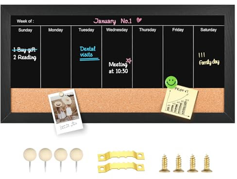 Aitakatta Magnetic Weekly Chalkboard Calendar and Cork Board,Black Wood Framed Combination Chalk Board and Bulletin Baoard for Walls, Blackboard Combo Board for Home Office and Wall Decor(BK,2040,1pc)