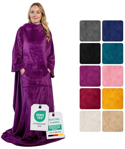 heimtexland ® Ärmeldecke TV Kuscheldecke mit Ärmeln Taschen Fußsack Super Soft Flanell tragbare Decke Ganzkörperdecke Typ870 Beere 200x170 cm