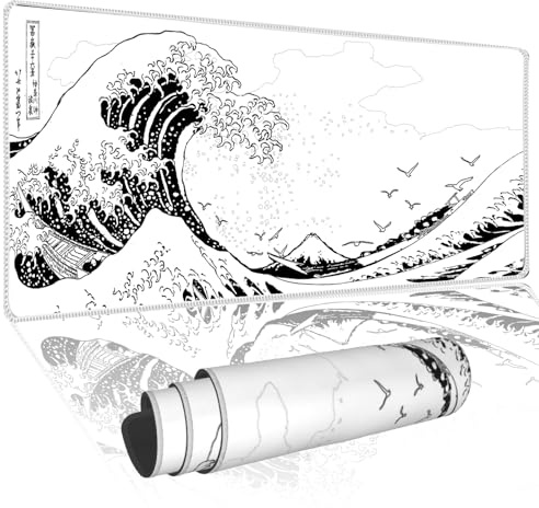 NIAEIAIE Tapis de Souris de Jeu Kanagawa Japonais, Motif Vague de mer, Blanc, Taille XL, Base en Caoutchouc antidérapant, imperméable, Grand Tapis de Clavier avec Bords Cousus pour Bureau et Maison,