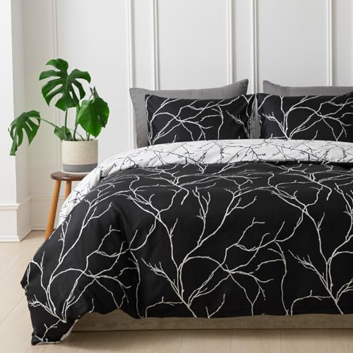 Tokokimo Funda Nordica Cama 135/150, Funda Nórdica 220x240，Funda Edredon con Ramas y Hojas Patrón Microfibra 3 Piezas Compuesto por 1 Funda Nórdica 220x240 + 2 Fundas de Almohada 50x75, Negro/Blanco