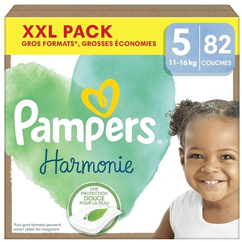 Pampers Harmonie, Taille 5, 82 Couches, 11-16kg, Protection Douce pour la Peau, Ingrédients d’origine végétale en contact avec la peau de bébé, Pack XXL