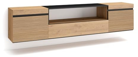 Skraut Home | TV-Schrank, Lowboard | für Wohnzimmer und Esszimmer | 200x45x35cm | Für TV-Geräte bis zu 80 | Hängend | Moderner Stil | Eiche