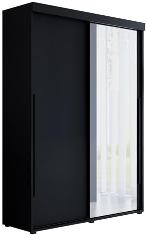 Meble Slupia Kleiderschrank Schiebetüren Slim 1-120 x 202 x 46 cm - Schrank Schlafzimmer, Vorraum, Garderobe - Tür mit einem Spiegel, Kleiderstange - Holzwerkstoff, Schwarze Griff, Schwarz