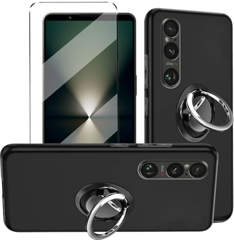 hülle und Glas 1Pcs Compatible with Sony Xperia 1 VI Folie,mit Ring,hülle silikon stoßfest Compatible with Sony Xperia 1 VI schutzhülle schutzfolie schutzglas Folie handyhülle Black