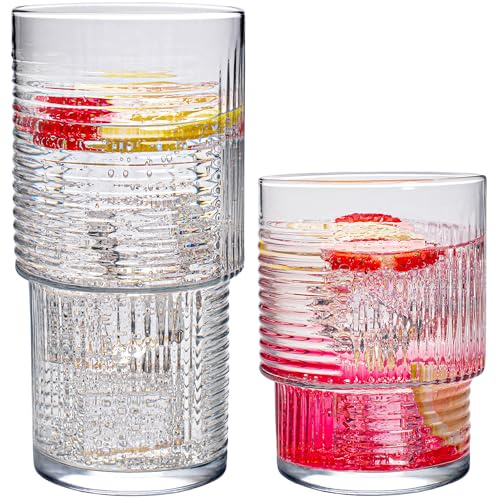 KONZEPT Gläser Set 12-teilig: 6 Longdrinkgläser 400ml + 6 kleine Gläser Geriffelt 320ml, Ideal für Eiskaffee, Smoothie, Saft, Wassergläser Set, Spülmaschinenfest