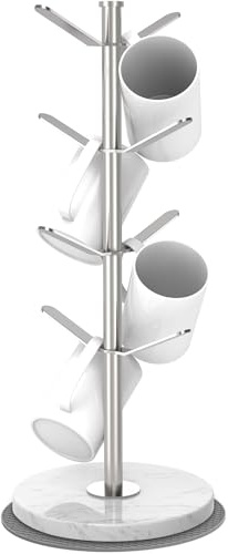 ZYZWTG Marble Mug Holder Tree with 8 Hooks, Stainless Steel Coffee Cup Holder, Non-Slip Silicone Pads, Heavy Duty Marble Base, Countertop Organizer for Kitchen & Cafe, Silver
