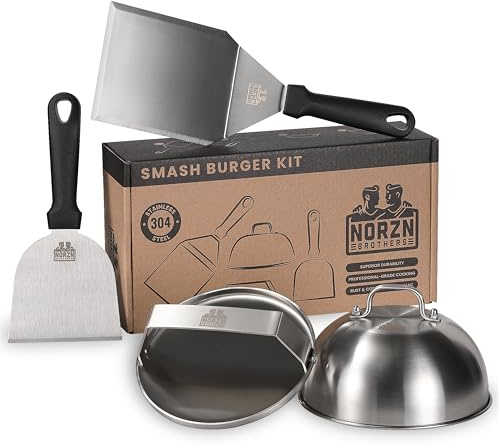 Norzn Brothers® Kit Smash Burger – Presse Smash Burger, Presse Burger, Smasher Burger, Kit Burger, Spatule Plancha, Cloche plancha, Acier INOX 304, Certifié Contact Alimentaire, Garantie 10 Ans