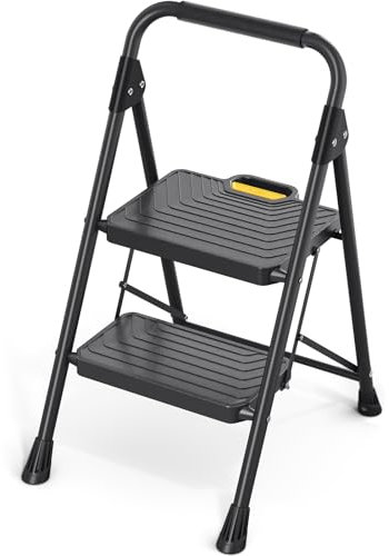KINGRACK Trittleiter 2 Stufen Klappbar, bis 360 kg belastbar, Klapptritt mit Breiten Anti-Rutsch-Stufen, Stabiler Tritthocker mit Handlauf für Küche & Haushalt, Schwarz