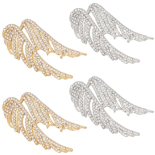 WEBEEDY 4 Pcs Ailes D'Ange Broches Ailes de Plume Broches en Pierre de Rhin pour Femmes Hommes Épingles de Revers en Alliage Épingles Décoratives pour Vêtements Costumes Pulls, Doré/Argenté