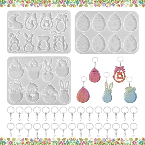 Shinybox Molde de Silicona de Pascua, 3 Piezas Conejo de Pascua, Huevos de Pascua, Pollito de Pascua con llavero, Molde de Fundición de Silicona 3D, Pascua Moldes Silicona Resina Epoxi para Decoración