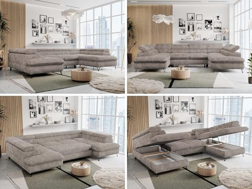 MKS MEBLE Sofa U-Form, Wohnlandschaft U-Form, Sofa mit Schlaffunktion und Bettkasten, Schlafsofa mit Bettkasten, Couch mit Verstellbare Kopfstützen - Peter U - Hellbraun Cord (ohne Topper)