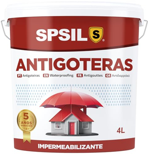 SPSIL Pintura Antigoteras Impermeabilizante Blanco - Repele Activamente el Agua, Previene de Goteras y Filtraciones- Para Tejados, Azoteas, Fachadas, Terrazas (4 L)