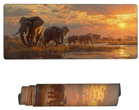 Gaming Mauspad XXL 900x300x3mm, Mauspad Elefant Mousepad, Schreibtischunterlage Sonnenuntergang Mousepad Wasserdicht, rutschfeste Gummibasis Mouse Pad, Verbessert Präzision und Geschwindigkeit RS-840