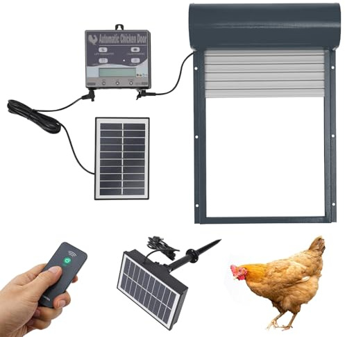 Automatische Hühnerklappe, Hühnerklappe Solar mit Fernbedienung Timer LCD Display, Wasserdicht Hühnerklappe Hühnerstall Zubehör für Hühner, Gänse, Enten (Grau)