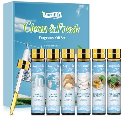 Aoruilia Clean Essential Oils Set 6 x 10ml, Laundry Fragrance Oils for Diffusers, Soap Making - Eucalyptus & Cotton, Bergamot Black Tea, Cardamom & Cedar, Baby Powder, Clean Breeze, Fresh Linen