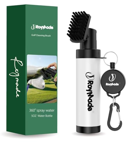 ROYMADE Pro Golfschläger-Bürstenreiniger mit 142 ml Wasserflasche, 360°-Sprühwasser, einfache Reinigung, mit Nylonborsten, verstellbarer, einziehbarer Clip, Karabiner-Clip, tolles Golf-Geschenk (Weiß)