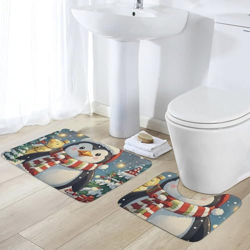 RTFGHJS Lustiger Weihnachts-Badteppich-Set, rutschfest, schnell trocknend, für Badezimmer, 50 x 80 cm, WC-Vorleger, U-förmig, 50 x 39,9 cm, PVC-rutschfeste Unterseite, super saugfähige