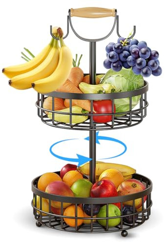 MIUUIPI Obstkorb Etagere, 2 Etagen Obstkorb Metall mit Holzgriff, Stabiles Obstschale Schwarz und Gemüsekorb, Abnehmbar Dekorative Obst Halter Aufbewahrung für Küche Büro Wohnzimmer