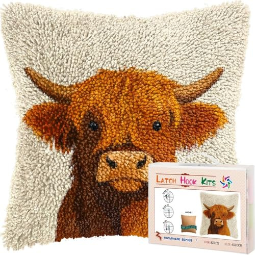 Latch Hook Cushion Kits for Adults Scotland Highland Cow Calf Rug Cover Pillowcase Kids Beginner DIY Needlework Embroidery Kits Handmade Set Craft Sofa Home Decor 43x43cm,1pcs