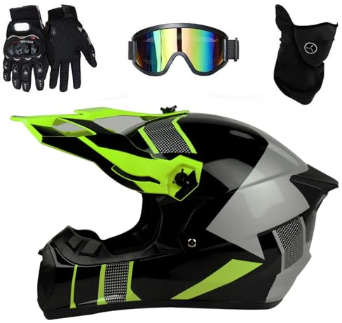 Youth Kids Motocross Helmet Full Face ATV/Dirt Bike Motorcycle with Fashionable Tail Wing Design, Goggles + Gloves + Mask, MTB BMX Off-Road Crash for Boys Girls(Bright yellow,XL(58~59cm))