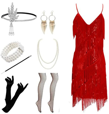 Velcoxplay Vestido de mujer de los años 20 con lentejuelas, vestido vintage de lentejuelas con flecos y perlas con flecos conjunto de accesorios rojo M