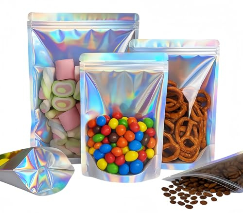 Plaphy 100 Sacchetti Olografici Stand Up in Alluminio,Buste Doypack,18x26cm | Buste Mylar Richiudibili Ermetiche per Alimenti, Sacchetti Trasparenti per Confezionare e Conservare Caffè,Caramelle,Spezie