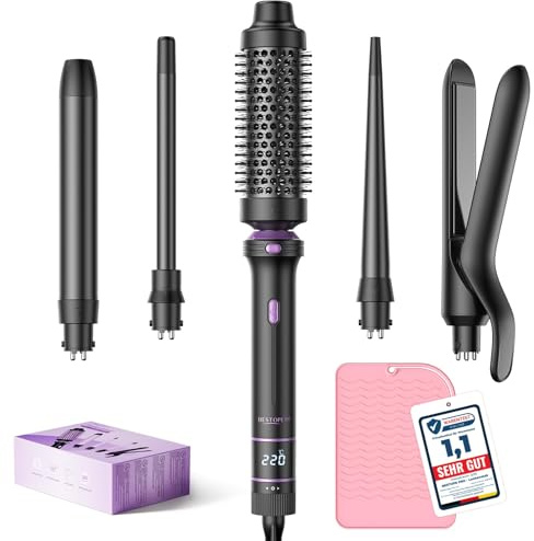 BESTOPE PRO 5 in 1 Hair Curling Wand, Hair Curler Set with Thermal Brush and Hair Straightener, 13 Temperature Control for All Hair Lengths, with Heat Resistant Mat, Glove, Clip