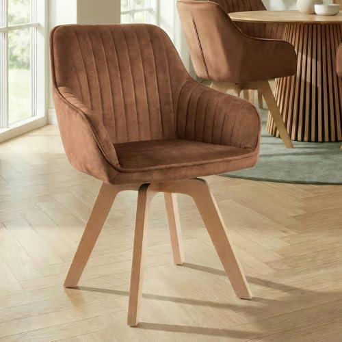 Stuhl LIVORNO - 60cm - braun - Samt Holz-Beine drehbar Armlehne | Auto-Return-Funktion, Ziersteppung, hoher Komfort, bequeme Polsterung, stabil, Massivholz, Design, Eyecatcher
