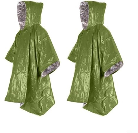 Lot de 2 manteaux de pluie thermiques pour extérieur avec revêtement en aluminium isolant conçu pour la survie au froid extrême - Couverture de survie en randonnée, camping - Orange (vert, 130 x 100