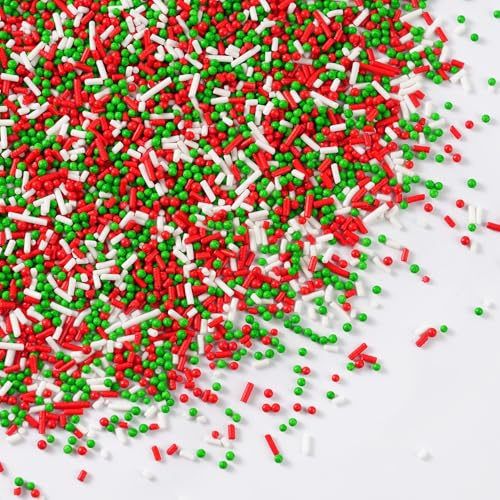 Sujoygar Weihnachts Streusel 130g, Zuckerstreusel Weihnachten Tortendeko, Essbare Zucker-Perlen in Rot Grün Weiss, zum Verzieren von Torten, Cupcakes Deko, für Christmas Hochzeiten Geburtstage