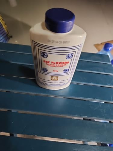Polvo de talco Six Flowers de Bush Boake Allen, blanco, recipiente de 250 g con tapa azul, fórmula clásica
