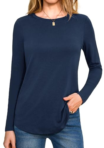 Aottori Maglia Donna Manica Lunga Girocollo Cotone Leggero Blu Scuro M