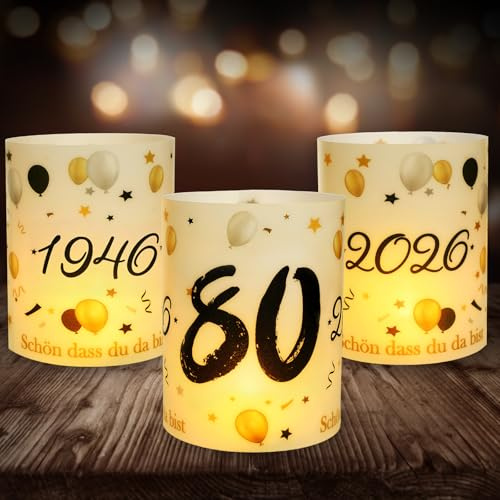 12 Windlicht Tischdeko 80 Geburtstag, Seutgjie 80. Geburtstag Jubiläum Deko Mann Frau 1946-2026 Schwarz Gold für Teelichter oder Kerzen