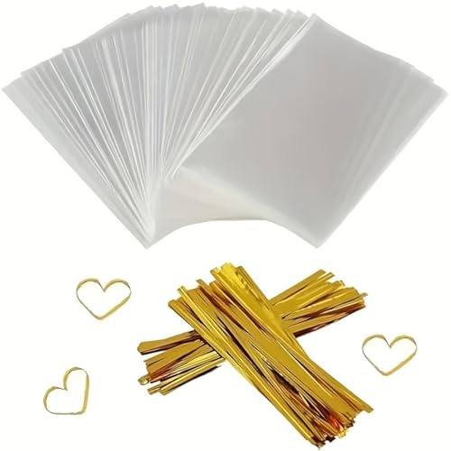 YXL 100Pcs Clear Cellophane Bags with Gold Twist Ties, Biscuit Bags for Filling Pastries, Cookies, Sweets, Desserts, Gifts, 8 * 12CM