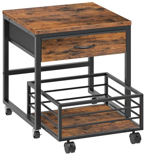 HOOBRO Mini Fridge Stand with Storage, 19.7 Inch End Table, Mini Fridge Cabinet with Mobile Basket Cart, for Living Room, Bedroom, Rustic Brown and Black BF655BX01