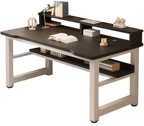 XIGOUZIQU Escritorio de Estudio Mesa Gaming Mesa de Ordenador, Montaje Sencillo con Estantes con Patas de Resistente Ahorro de Espacio con Estanteria(Black,140cm(55.11in))